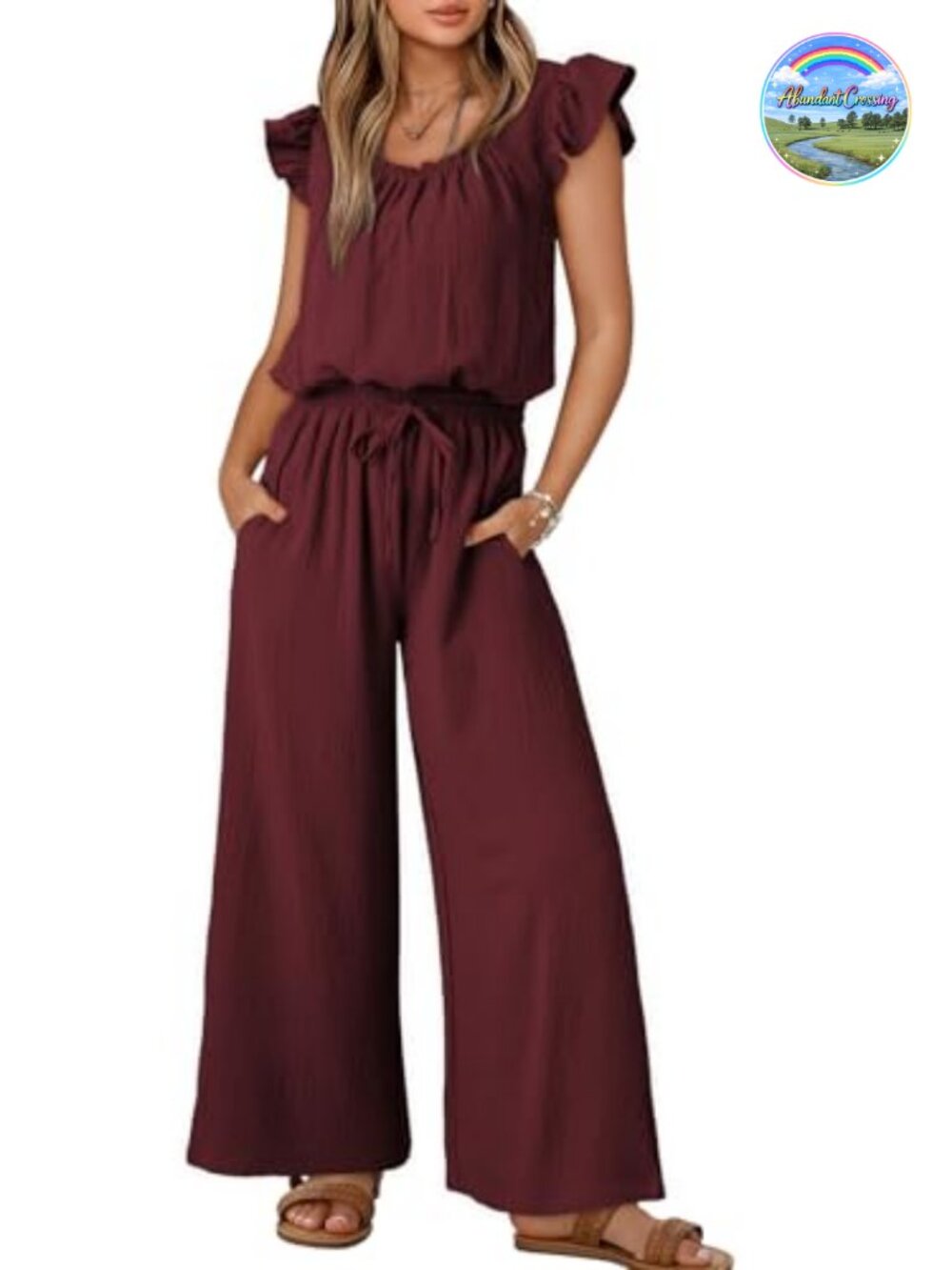 Women's Wide Leg Jumpsuit Ruffle Sleeve Square Neck Romper with Pockets